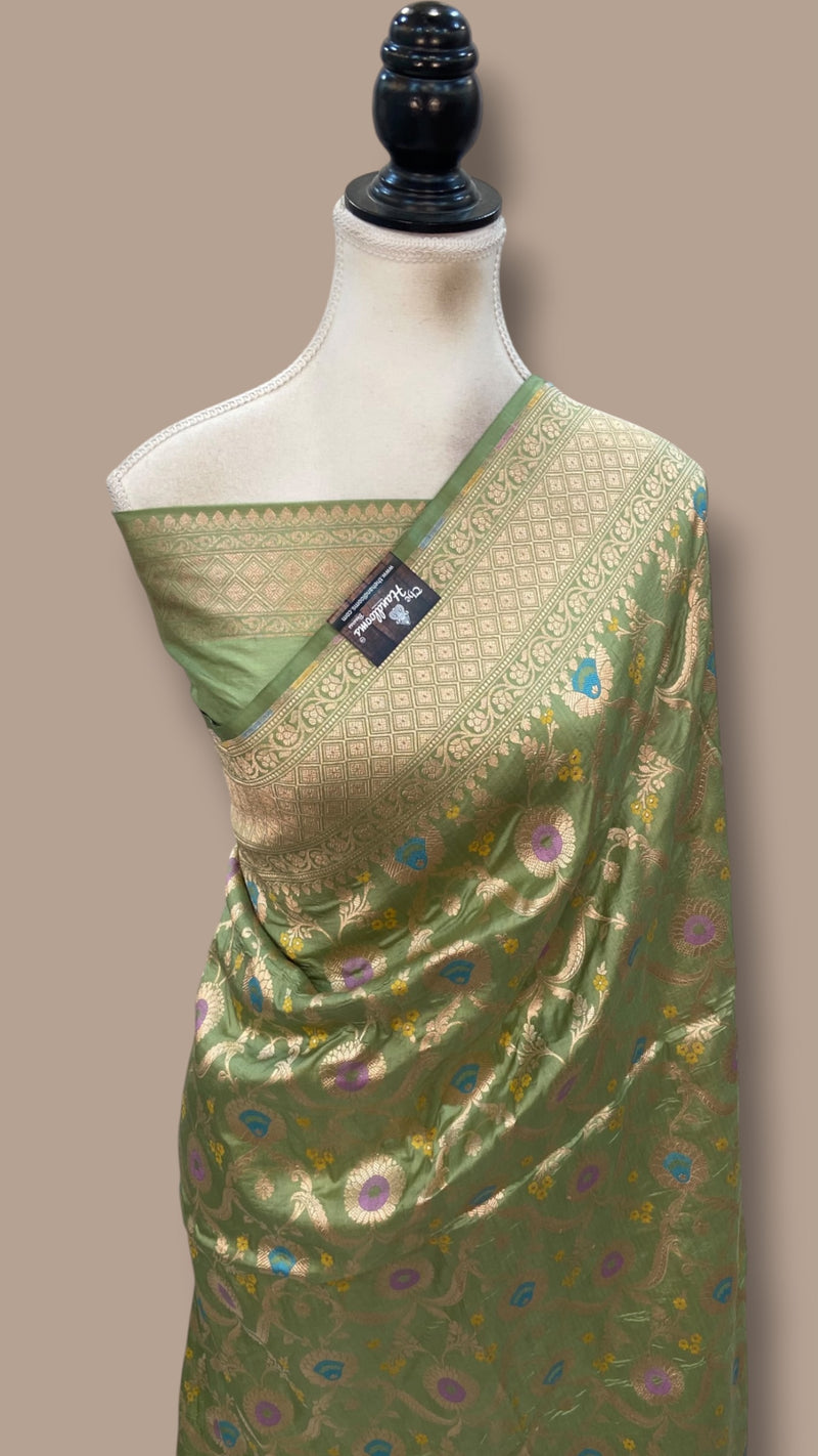Pure Katan Silk Banarasi Handloom Saree - All Over Jaal Work With Meenakari