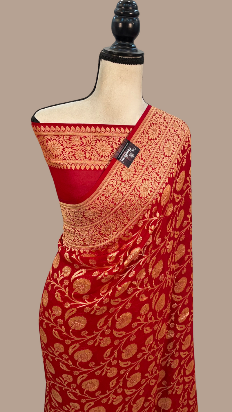Red Khaddi Georgette Banarasi Saree - Gold zari - The Handlooms