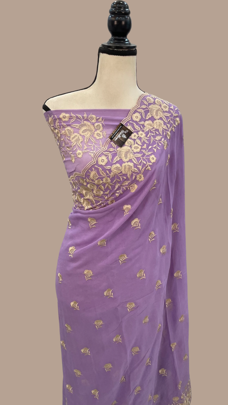 Pure Georgette Chikankari Handloom Banarasi Sare - The Handlooms