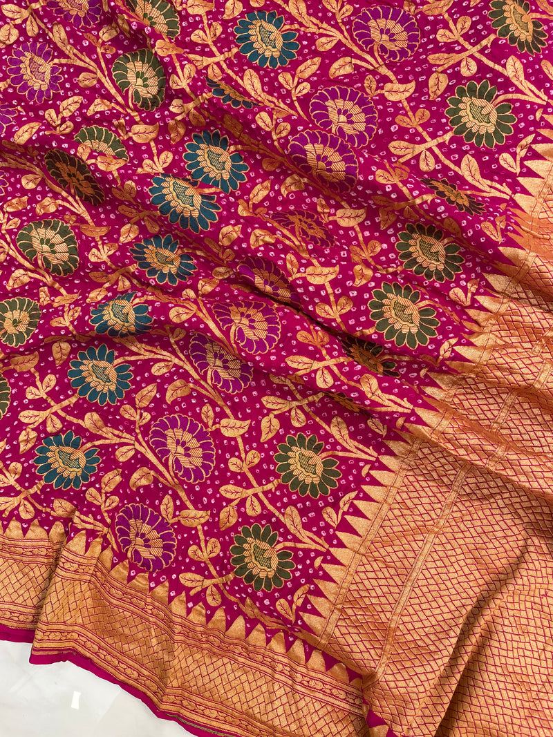 Pure Georgette Banarasi Bandhej Handloom Saree - with meenakari work - The Handlooms
