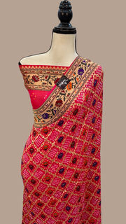 Pure Georgette Banarasi Bandhej Handloom Saree - with meenakari work - The Handlooms