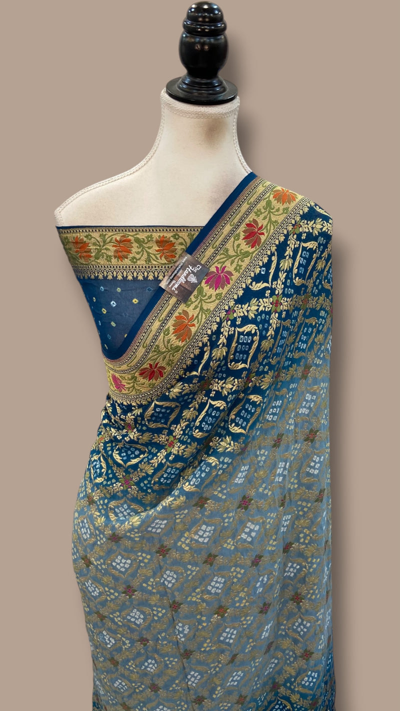 Pure Georgette Banarasi Bandhej Handloom Saree - Meenakari