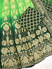 Green Pure Khaddi Georgette Bandhani Handloom Banarasi Lehenga - The Handlooms