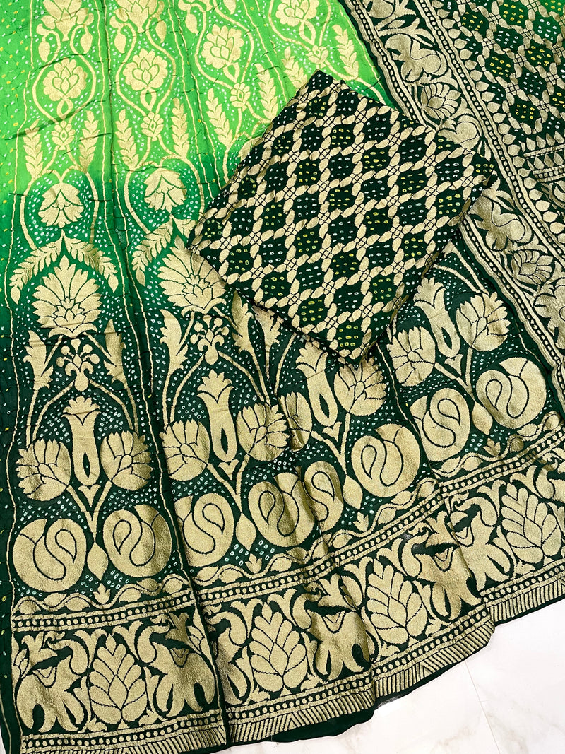 Green Pure Khaddi Georgette Bandhani Handloom Banarasi Lehenga - The Handlooms