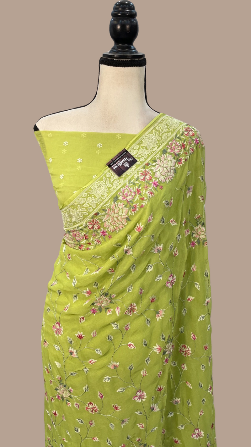 Pure Georgette Chikankari Handloom Banarasi Saree - The Handlooms