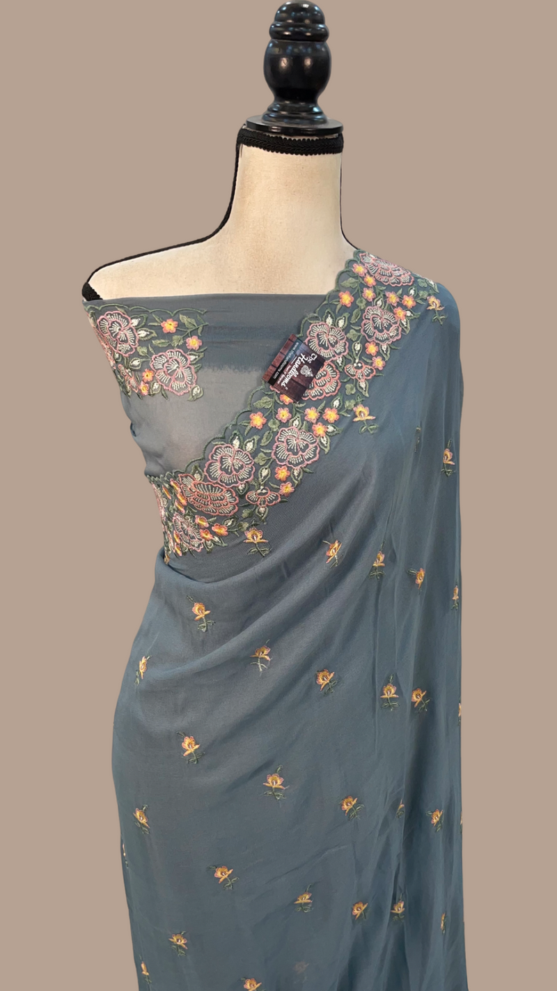 Grey Pure Georgette Chikankari Handloom Banarasi Saree - The Handlooms