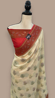 Cream Pure Butter Crepe Banarasi Saree - The Handlooms
