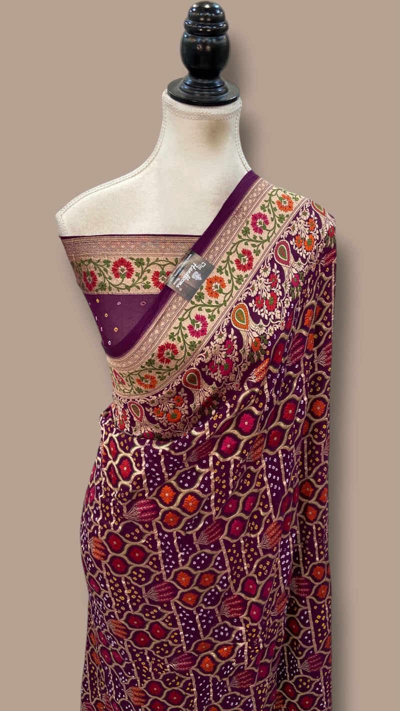 Pure Georgette Banarasi Bandhej Handloom Saree - Meenakari