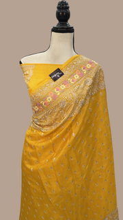 Yellow Tussar Silk Handloom Banarasi Saree With Chikankari - The Handlooms
