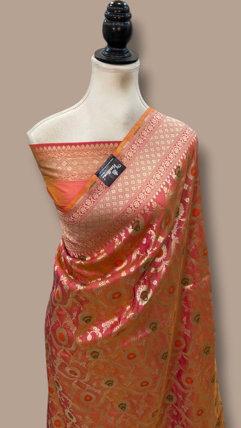 Pure Katan Silk Banarasi Handloom Saree - All Over Jaal Work With Meenakari