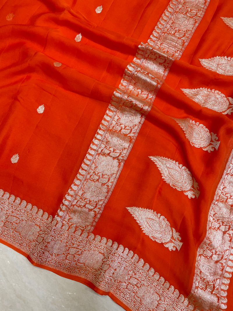 Orange Pure Georgette Banarasi Handloom Saree - The Handlooms