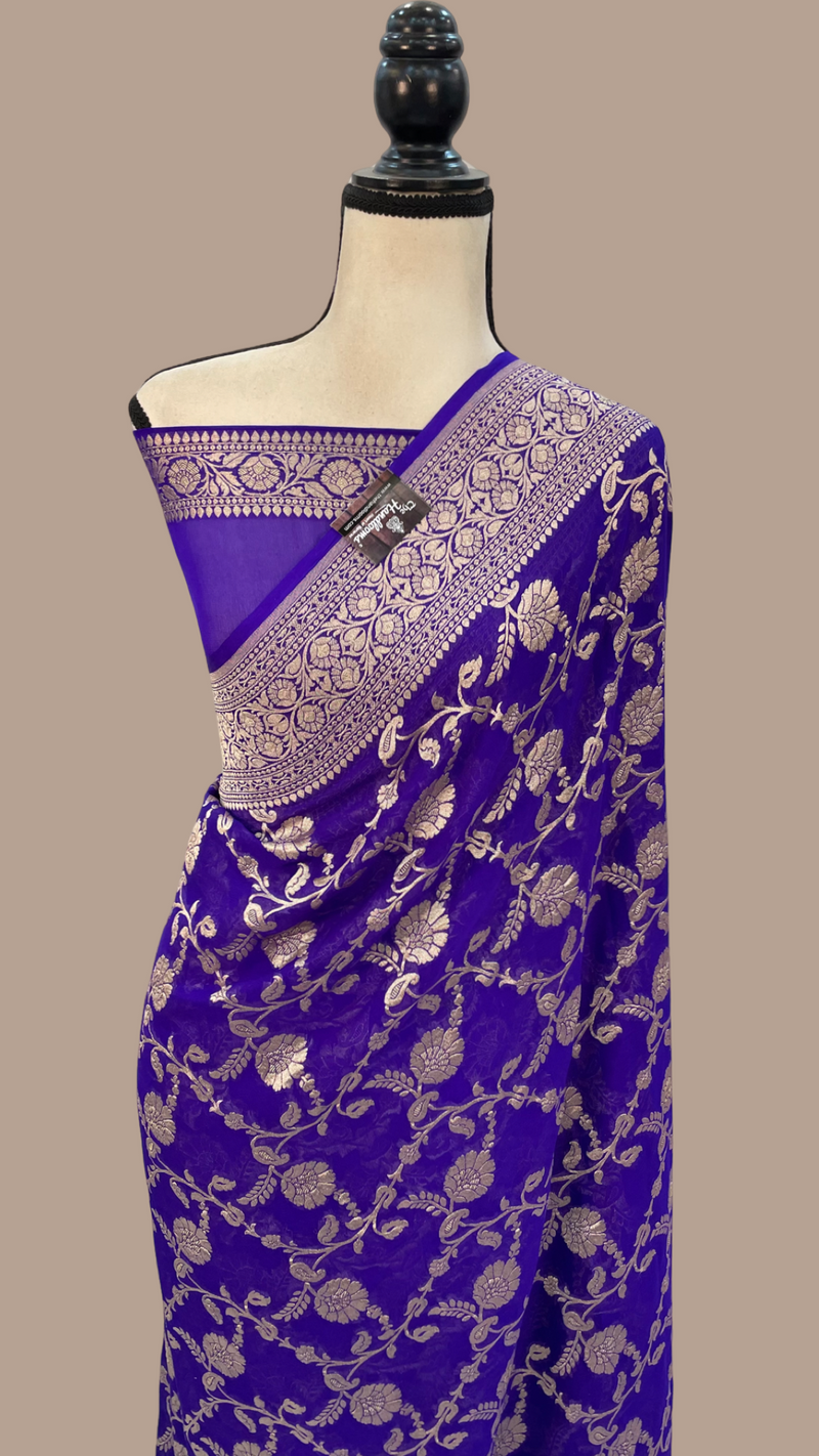 Purple Pure Khaddi Georgette Banarasi Saree -  Gold zari - The Handlooms