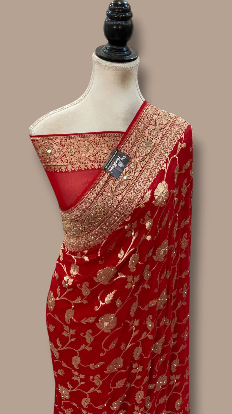 Pure Khaddi Georgette Handloom Banarasi Saree with Handwork: Gota Patti, Zardozi, Diamond Chain, Katdana, and Abla Detailing