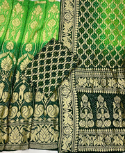 Green Pure Khaddi Georgette Bandhani Handloom Banarasi Lehenga - The Handlooms