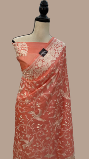 Peach Tussar Silk Handloom Banarasi Saree With Chikankari - The Handlooms