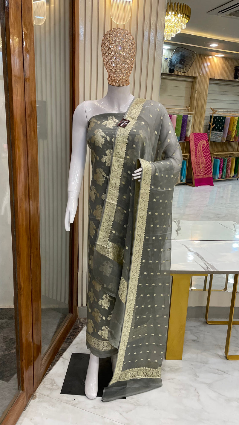 Mouse Grey Khaddi Georgette Banarasi Dress material - The Handlooms