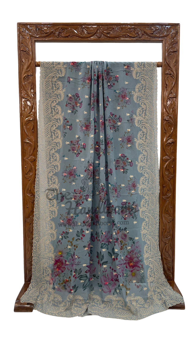 Pure Georgette Digital Print with Chikankari Handloom Banarasi Saree - The Handlooms