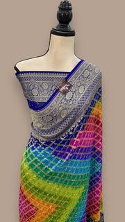 Pure Georgette Banarasi Bandhej Handloom Saree Multi shade - The Handlooms