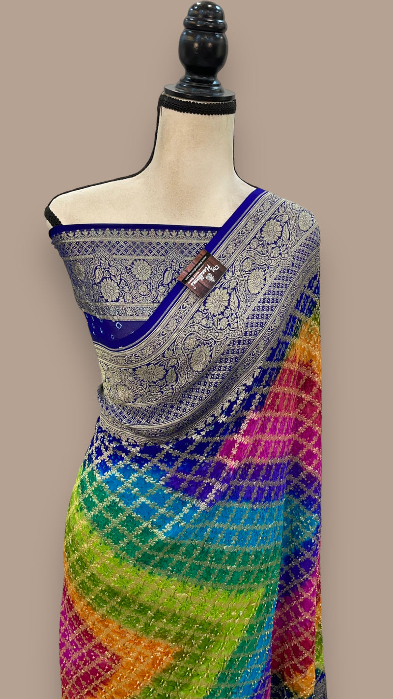 Pure Georgette Banarasi Bandhej Handloom Saree Multi shade - The Handlooms