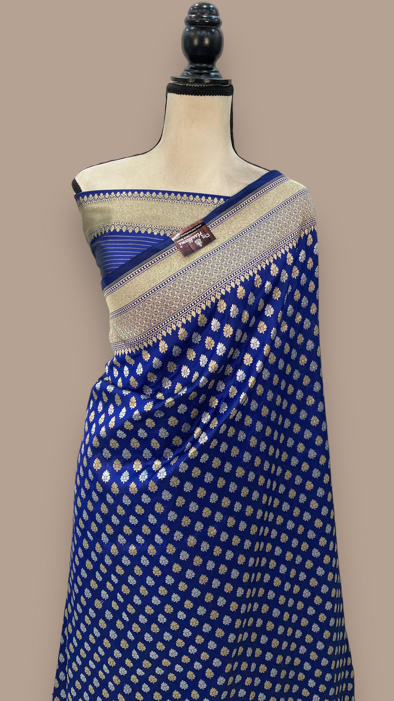 Royal Blue Pure Katan Silk Banarasi Handloom Saree - All over Sona Roopa Jaal work - The Handlooms