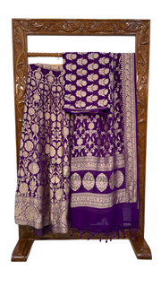 Purple Pure Khaddi Georgette Handloom Banarasi Lehenga - Stitched - The Handlooms
