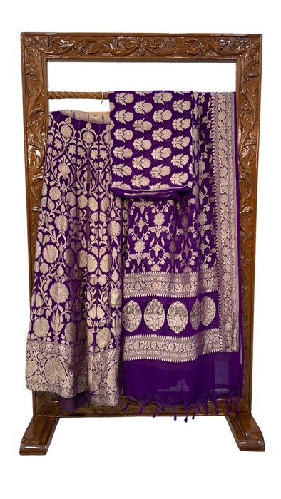 Purple Pure Khaddi Georgette Handloom Banarasi Lehenga - Stitched