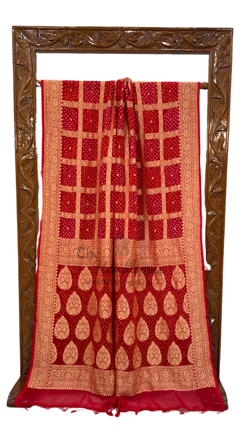 Red Pure Georgette Banarasi Bandhej Handloom Saree - The Handlooms