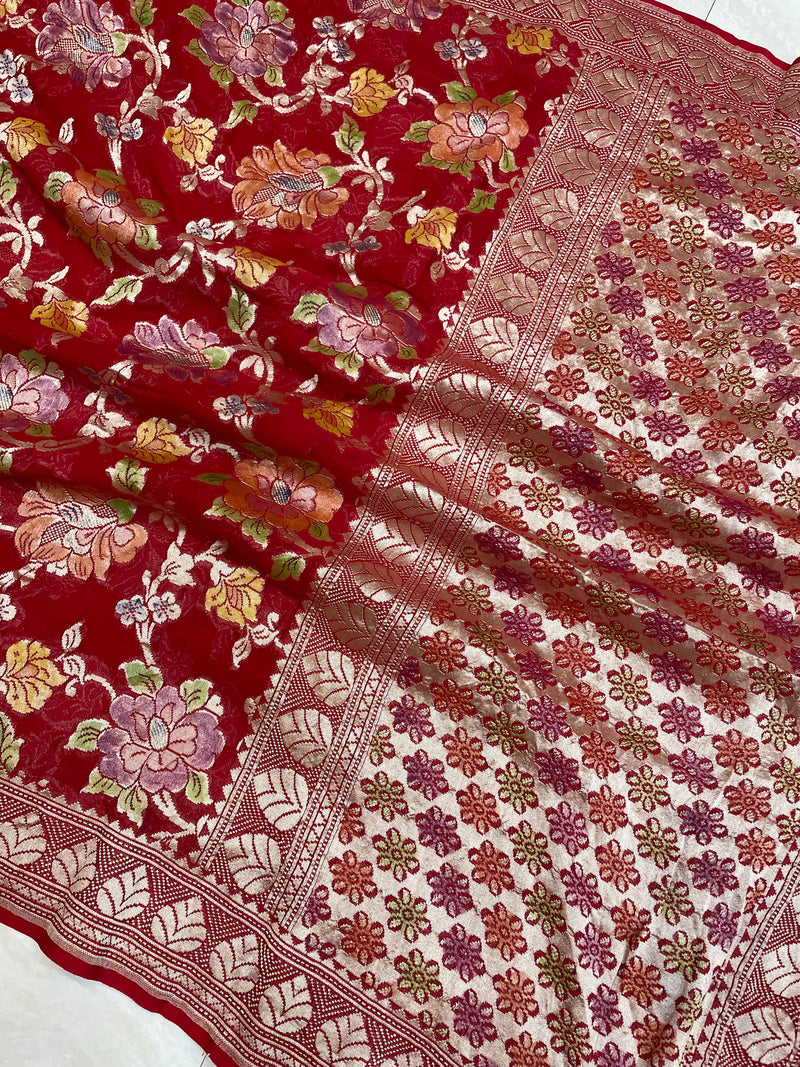 Red Khaddi Georgette Banarasi Saree - water zari - The Handlooms
