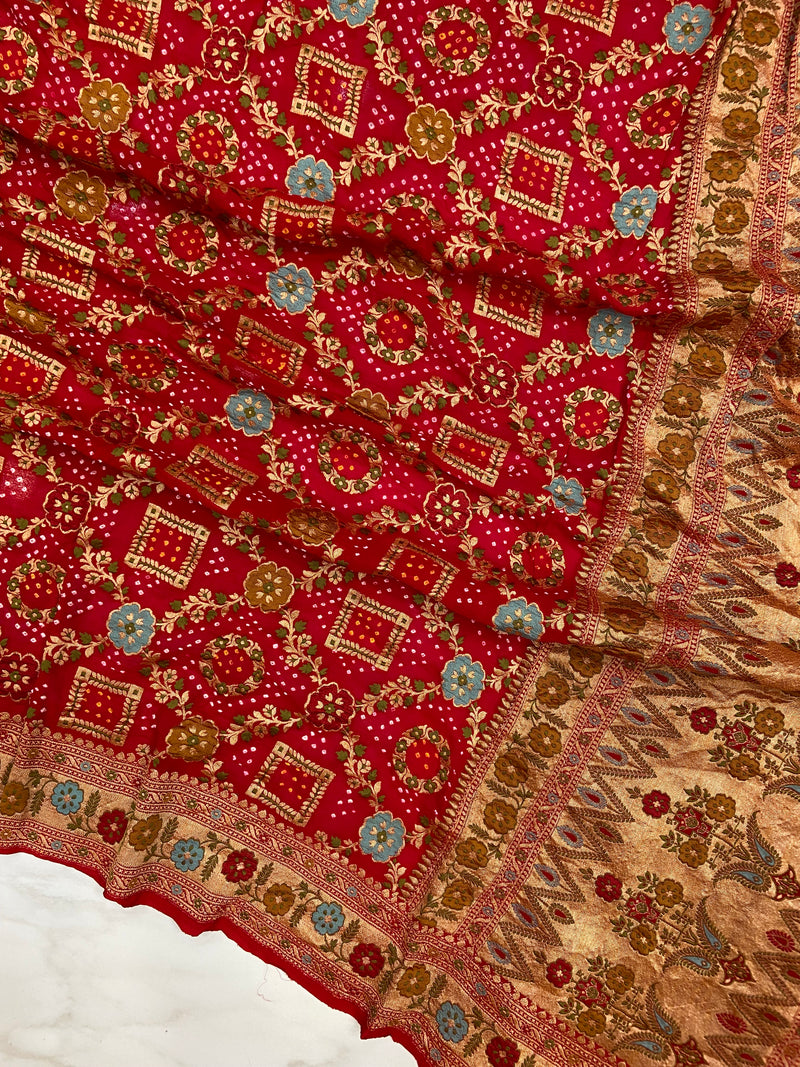 Pure Georgette Banarasi Bandhej Handloom Saree - Meenakari
