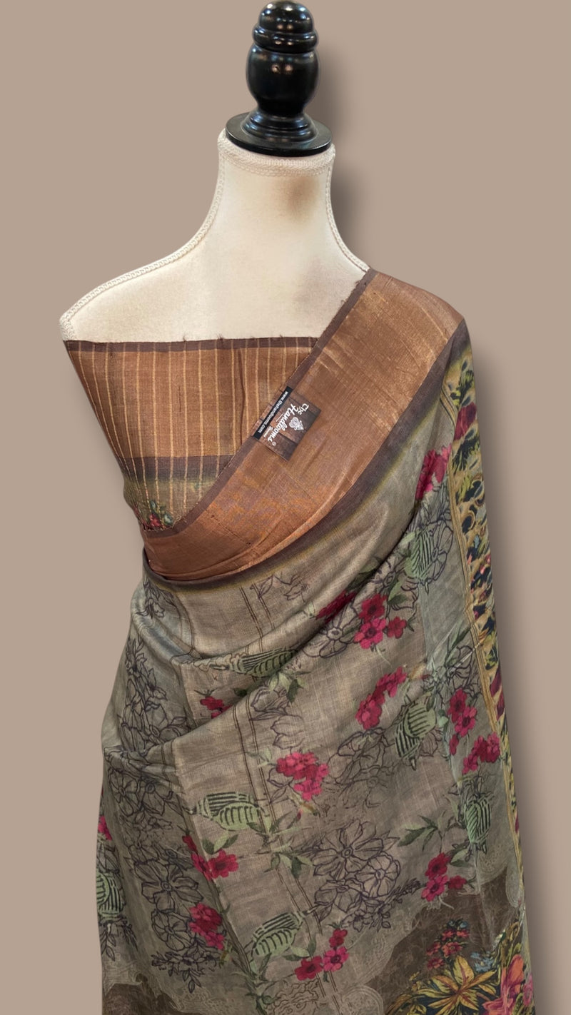 Pure Tussar Silk Handloom Banarasi Saree With Digital Print