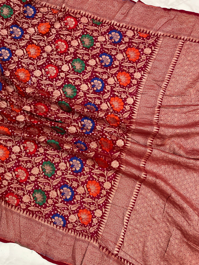 Pure Georgette Banarasi Bandhej Handloom Saree - with meenakari work - The Handlooms