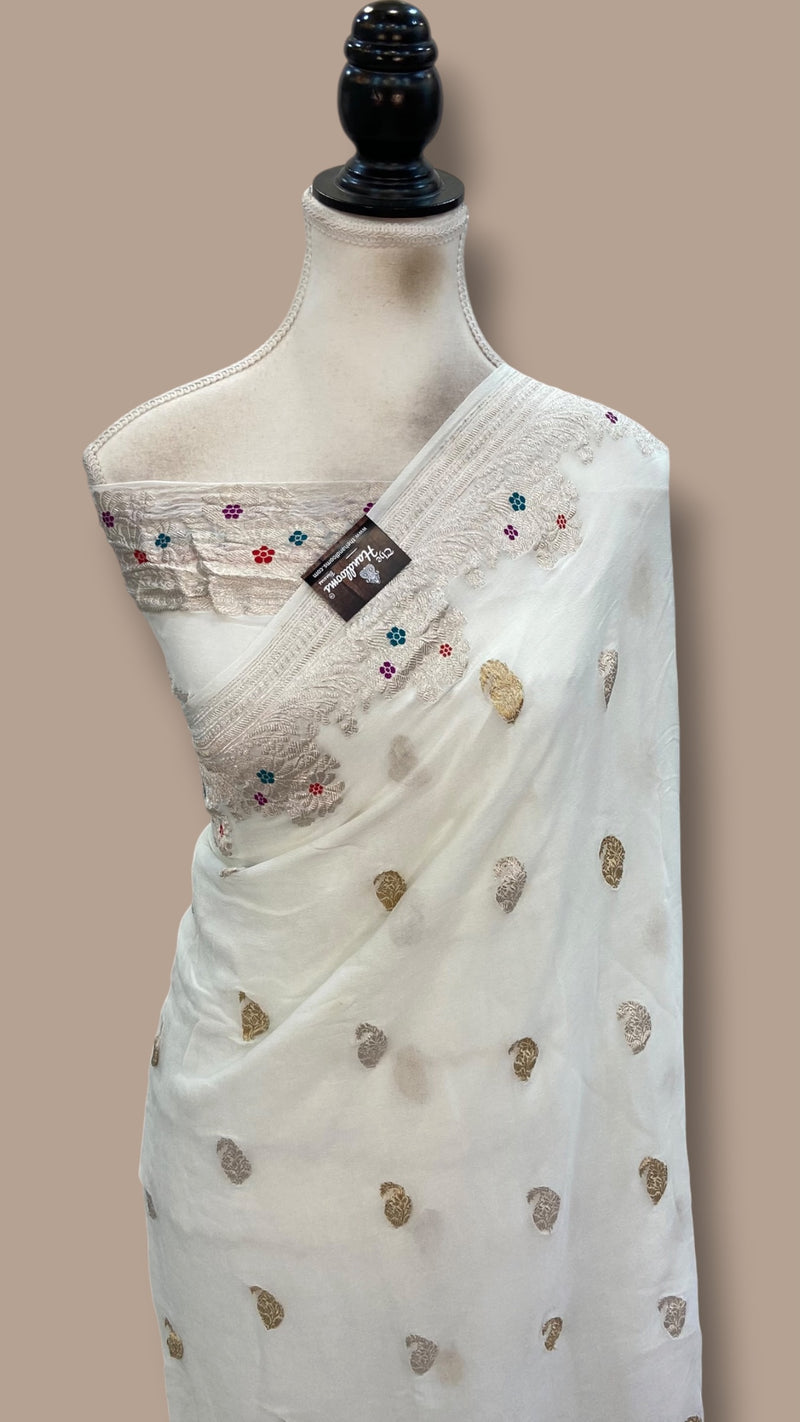 Handloom Banarasi Khaddi Georgette Saree | All-Over Sona Roopa Kadua Motifs & Meenakari