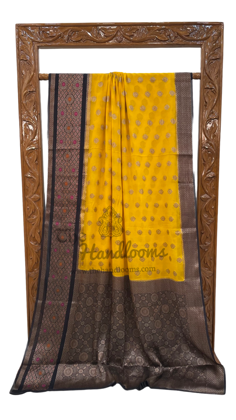 Golden Yellow Pure Chiffon Khaddi Banarasi Saree - The Handlooms