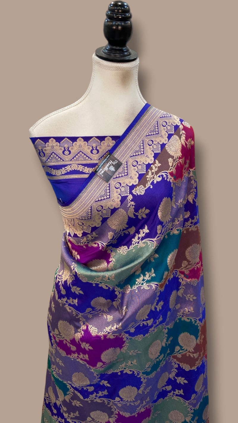 Multicolor Pure Katan Silk Banarasi Handloom Saree - All over Jaal Work With Rangkart