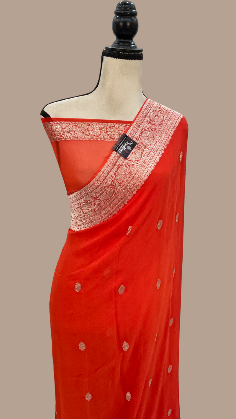 Pure Georgette Banarasi Handloom Saree - Orange - The Handlooms
