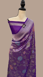 Purple Pure Tussar Georgette Brocade Handloom Banarasi Saree - The Handlooms