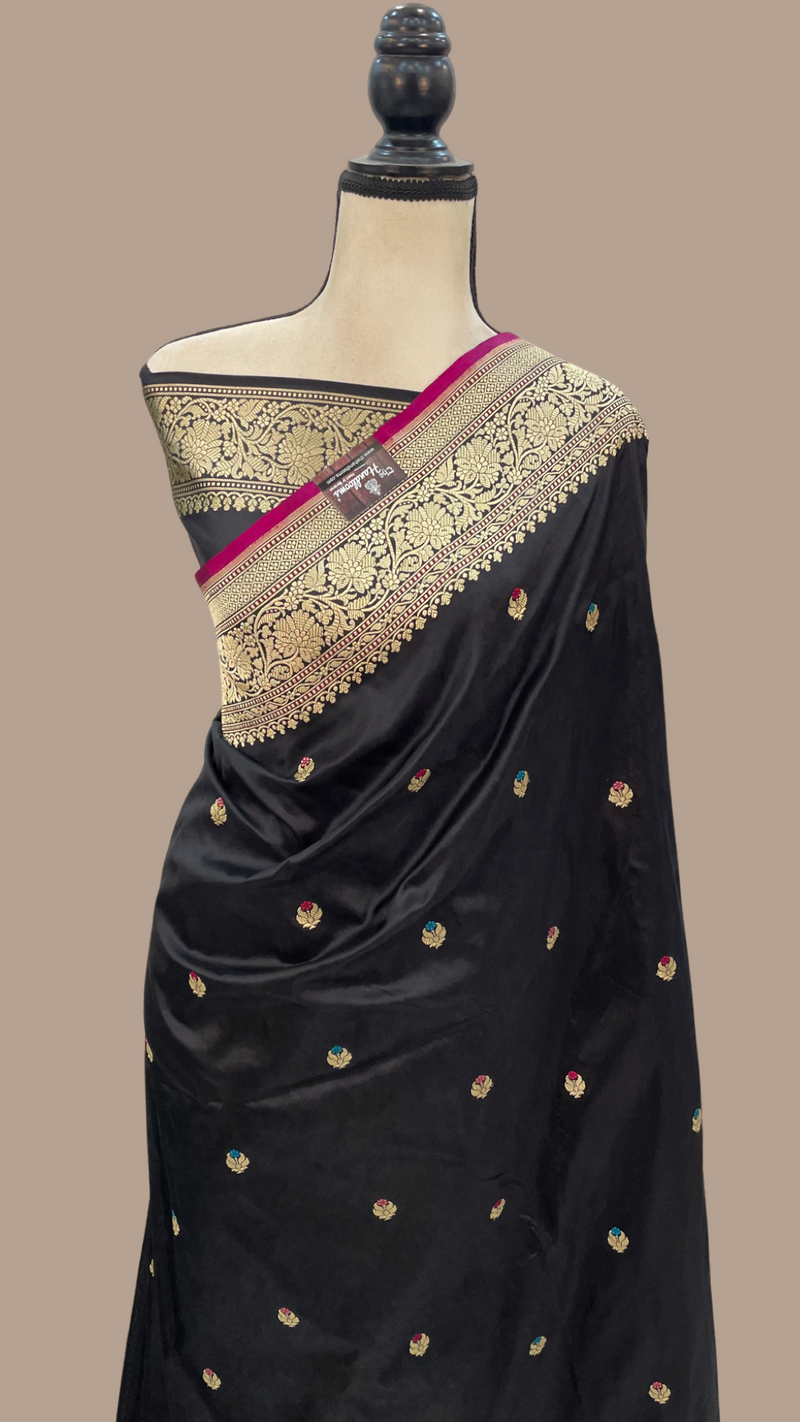 Black Pure Katan Silk Banarasi Handloom Saree - All over Kadua motifs With Meenakari - The Handlooms