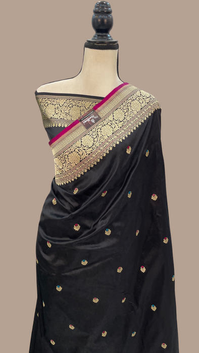 Black Pure Katan Silk Banarasi Handloom Saree - All over Kadua motifs With Meenakari