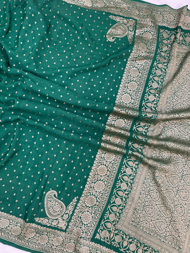 Green Pure Khaddi Crepe Georgette Handloom Banarasi Saree - The Handlooms
