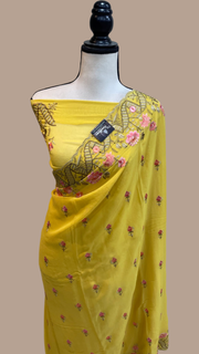 Pure Georgette Chikankari Handloom Banarasi Saree - The Handlooms