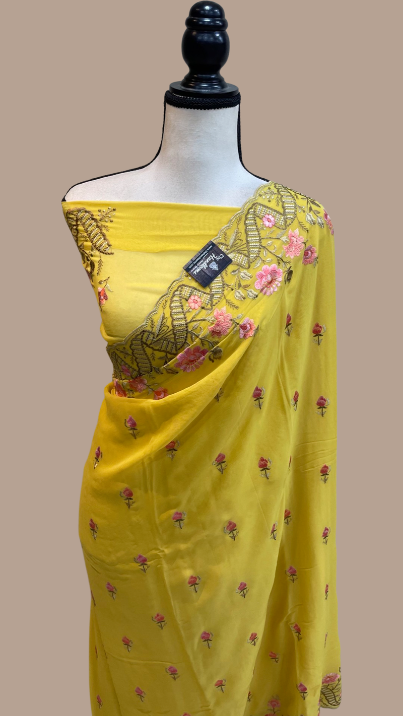 Pure Georgette Chikankari Handloom Banarasi Saree - The Handlooms
