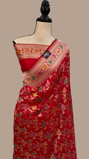 Red Pure Katan Silk Banarasi Handloom Saree - All over Jaal work - With Meenakari - The Handlooms