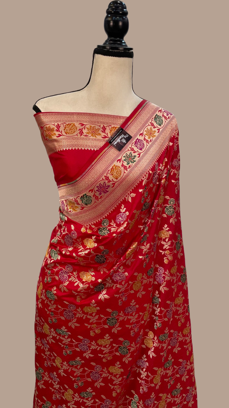 Red Pure Katan Silk Banarasi Handloom Saree - All over Jaal work - With Meenakari - The Handlooms