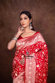 Red Pure Katan Silk Banarasi Handloom Saree - All Over Jaal Work - The Handlooms
