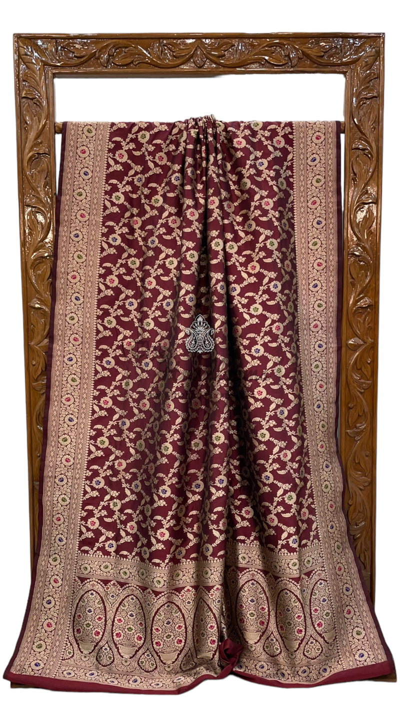Maroon Pure Katan Silk Banarasi Handloom Saree - All over Jaal work With Meenakari - The Handlooms