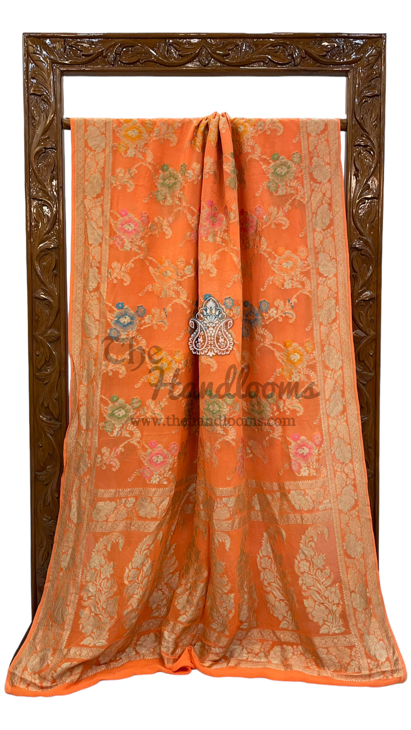 Peach Khaddi Georgette Handloom Banarasi Saree - All over Jaal Work With Meenakari - The Handlooms