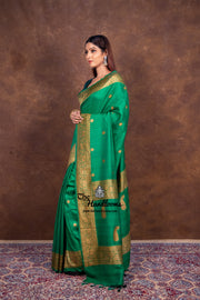 Green Pure Tussar Georgette Handloom Banarasi Saree - All over kadua motifs - The Handlooms