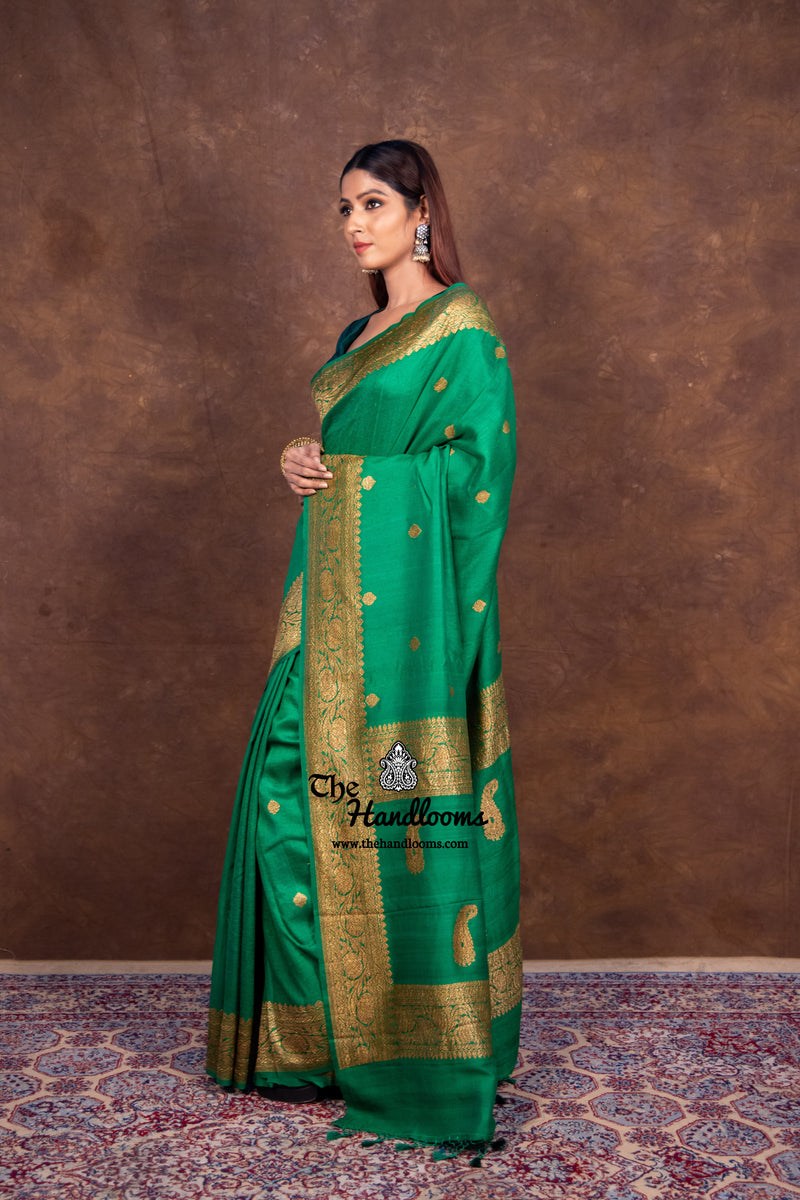 Green Pure Tussar Georgette Handloom Banarasi Saree - All over kadua motifs - The Handlooms