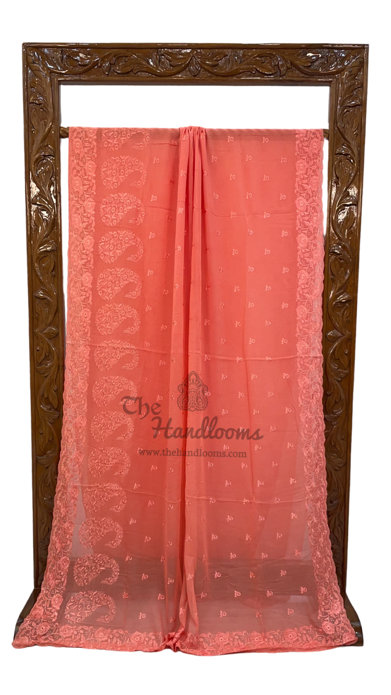 Pure Georgette Chikankari Handloom Banarasi Saree - The Handlooms