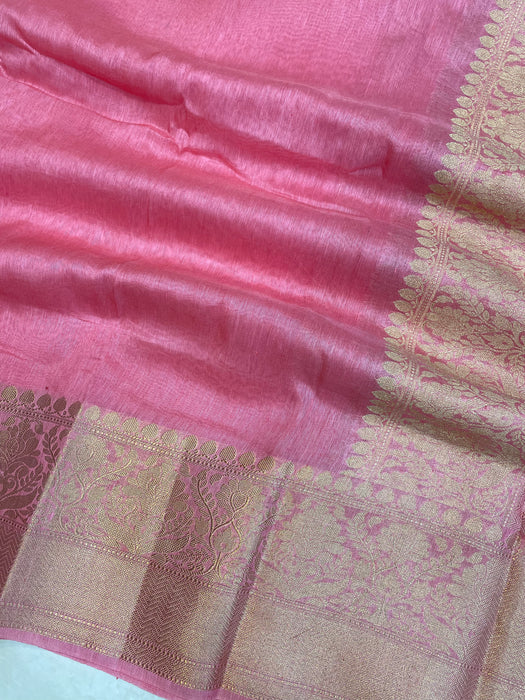 Pure linen Banarasi Saree - Strawberry - The Handlooms